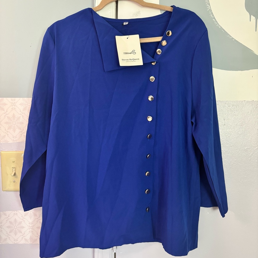 Cobalt Blue Asymmetric Button Blouse